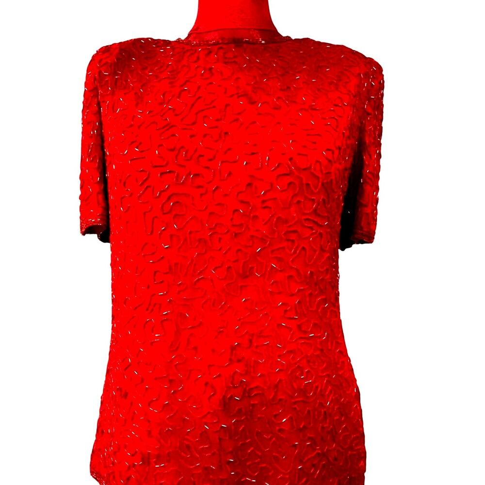 Vintage Laurence Kazar red silk top with beaded design Size S short sleeves